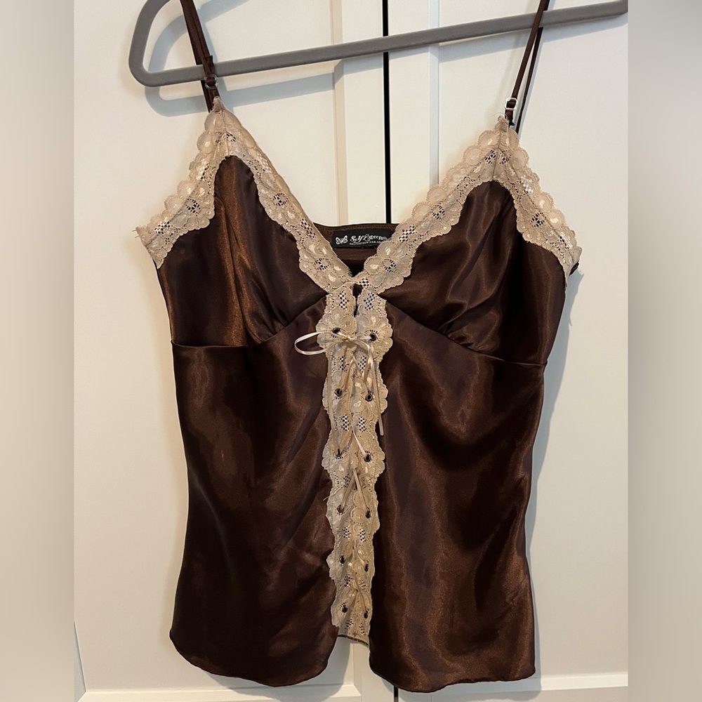 Y2K Brown Silk Cami With Lace Detailing